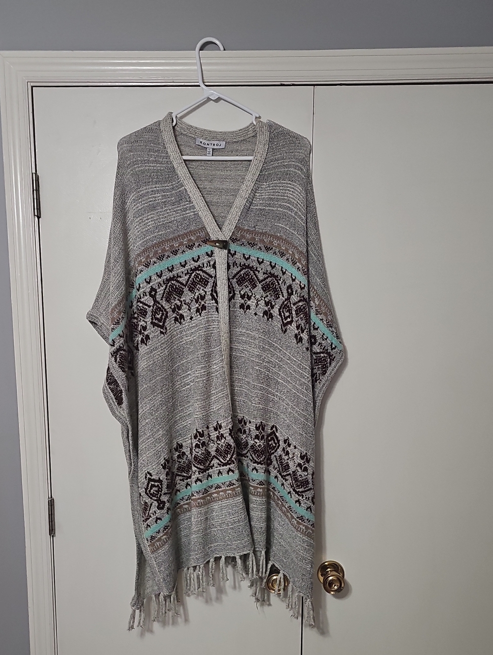 Knitted Gray Brown Poncho with Turquoise & Brown Pattern - Woven Wrap Sz Lg